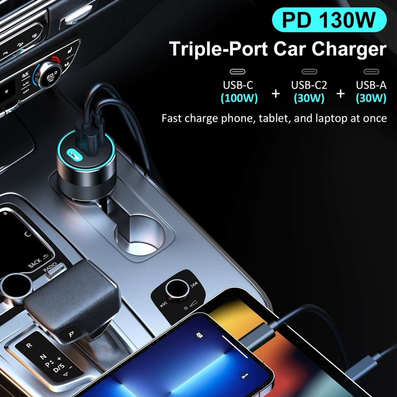 CHOETECH TC0011 130W 3-Port Fast Car Charger (Dual USB-C PD 3.0 + USB-A)