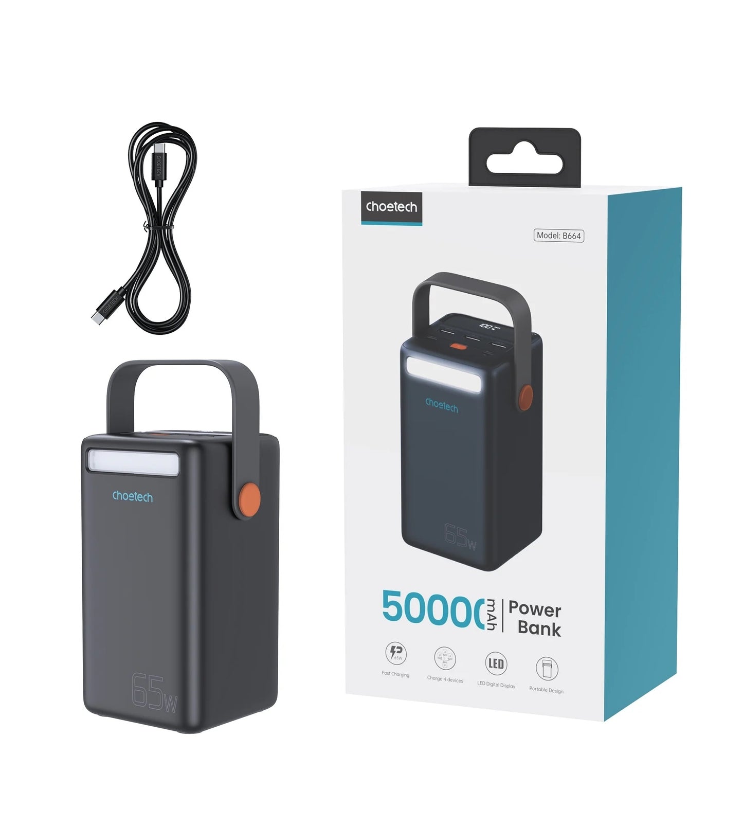 CHOETECH B664 50000mAh PD 65W Power Bank with LED Flashlight and LCD Display