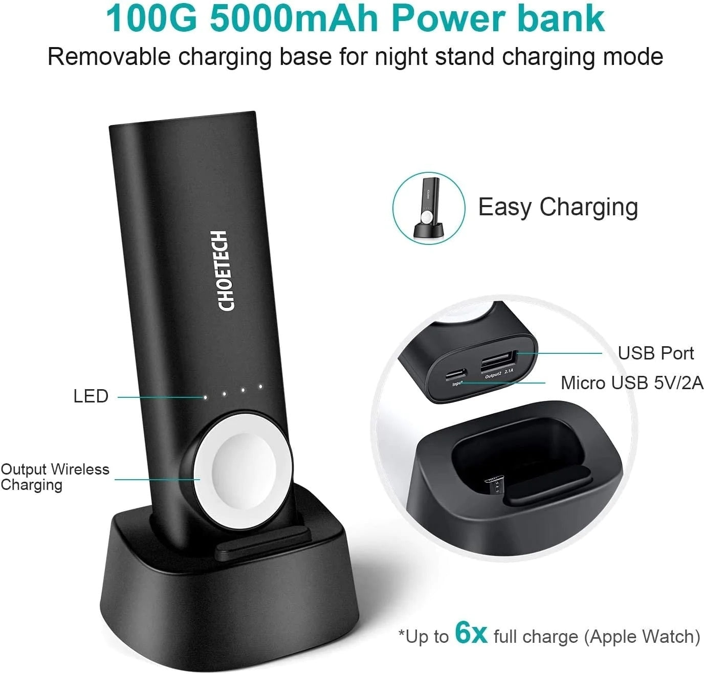 CHOETECH T315 2-in-1 Portable Wireless iWatch Quick Charger with 5000mAh Power Bank