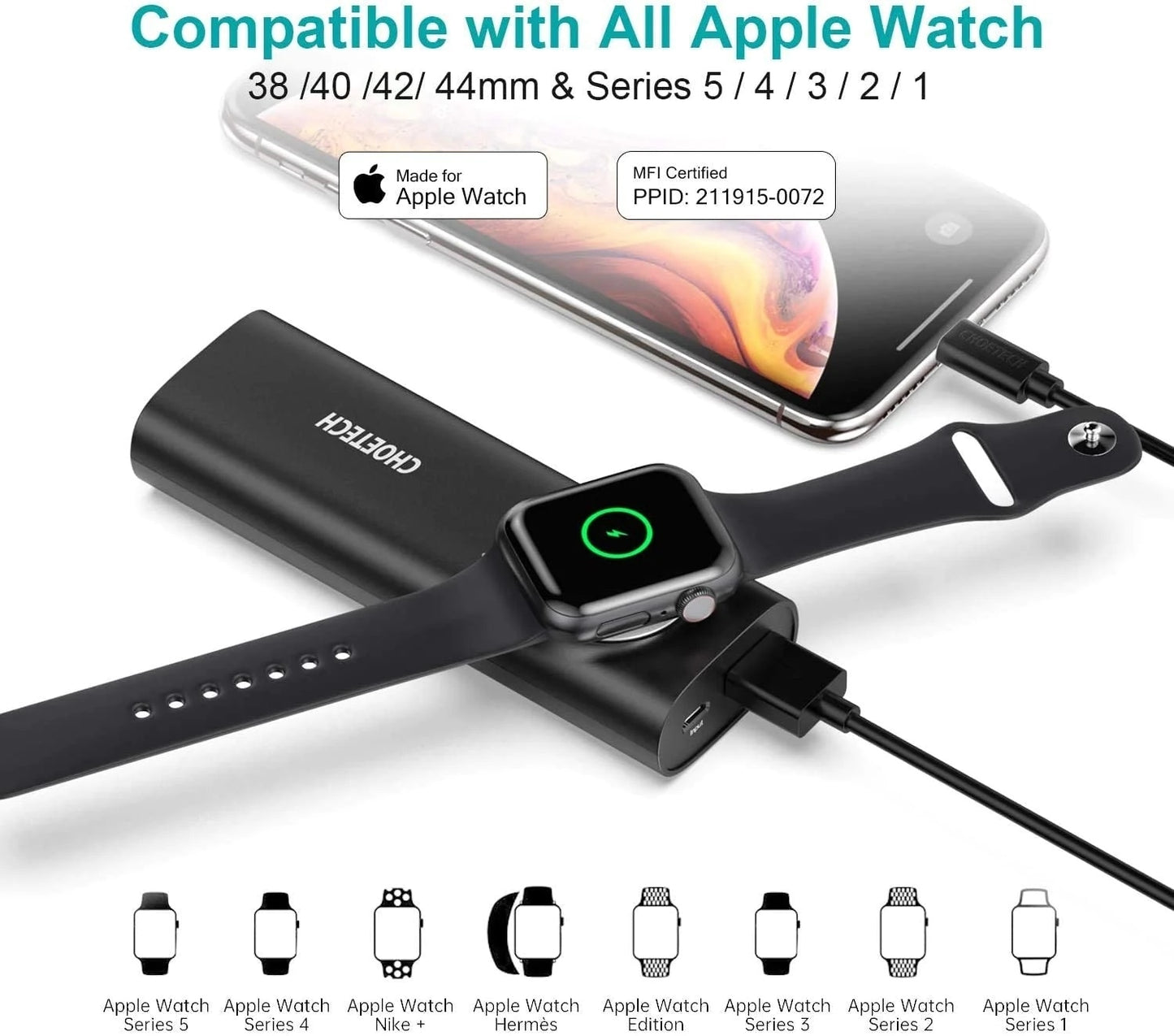 CHOETECH T315 2-in-1 Portable Wireless iWatch Quick Charger with 5000mAh Power Bank