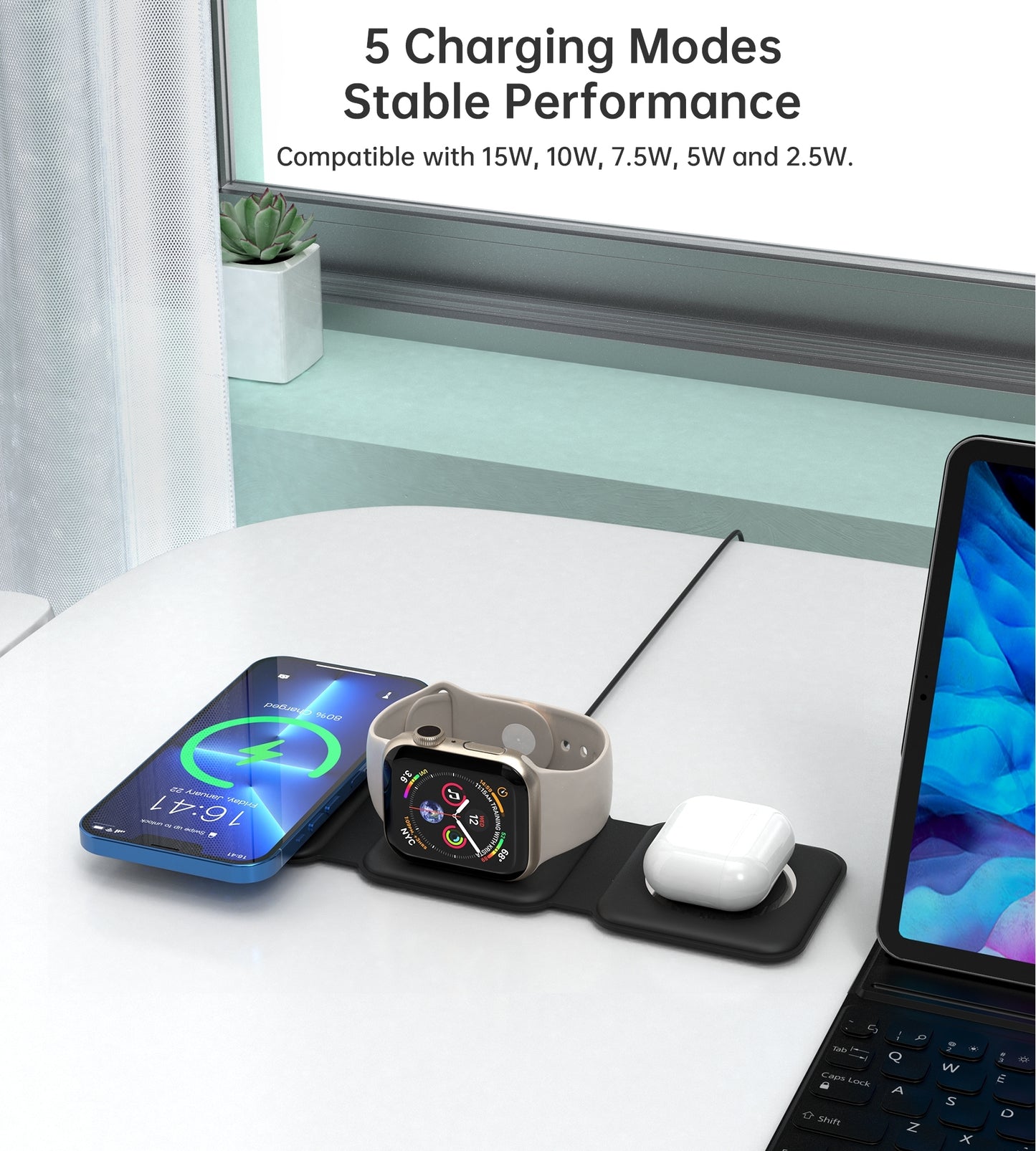 CHOETECH T588-F-BK 3-in-1 Foldable Fast Wireless Charger for Phone, Watch, and Earphones